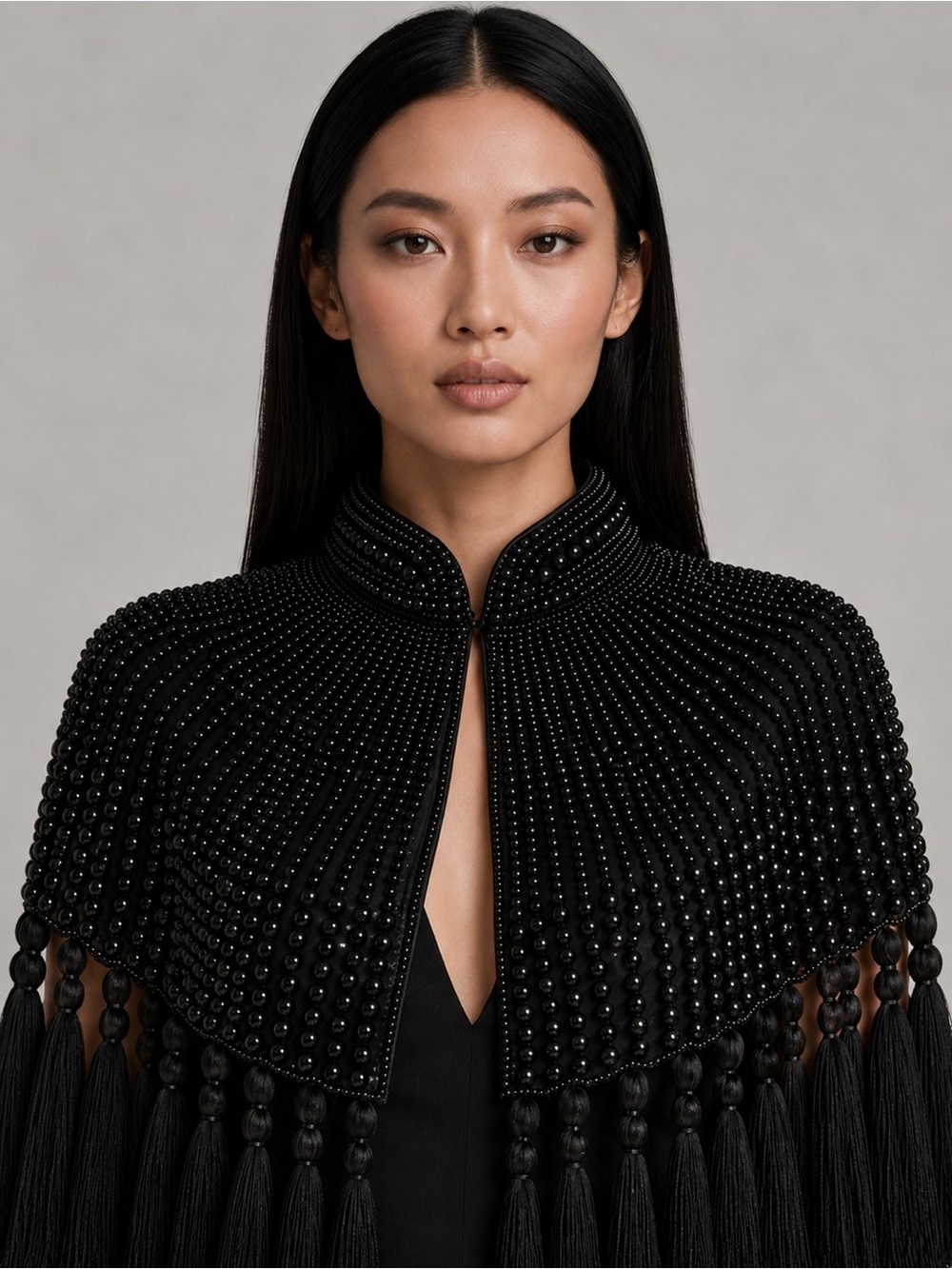 Black Beaded Tassel Capelet - Elegant Women's Cape - Picture 3 of 5